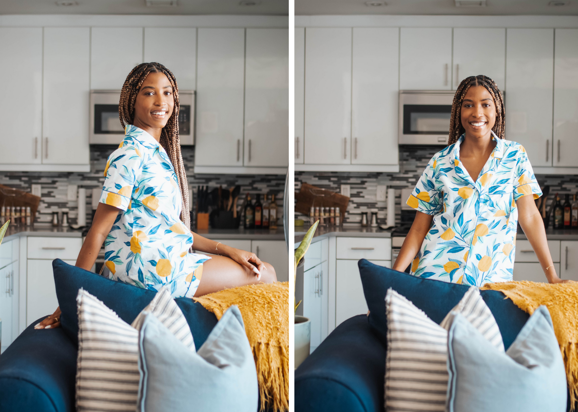 Aisha wears the <u><a href="/collections/lemon-collection/products/lemon-zest-short-sleep-set-cloud" target="_blank">Lemon Zest Short Sleep Set in Cloud</a></u>