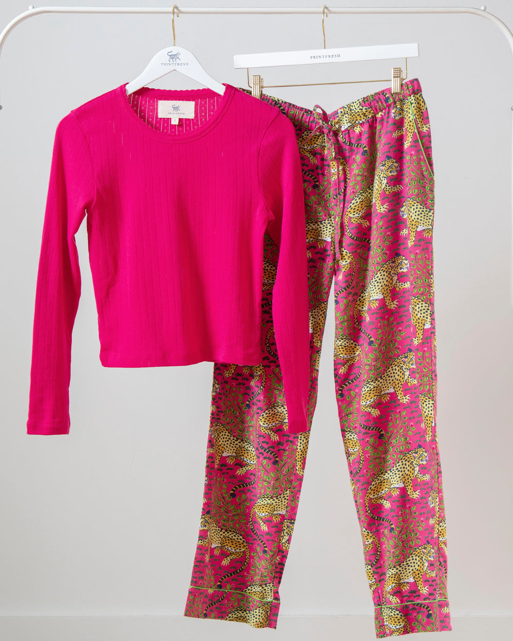 Bagheera - Pointelle Long Sleeve & Lightweight Flannel PJ Pants Set - Hot Pink - Printfresh