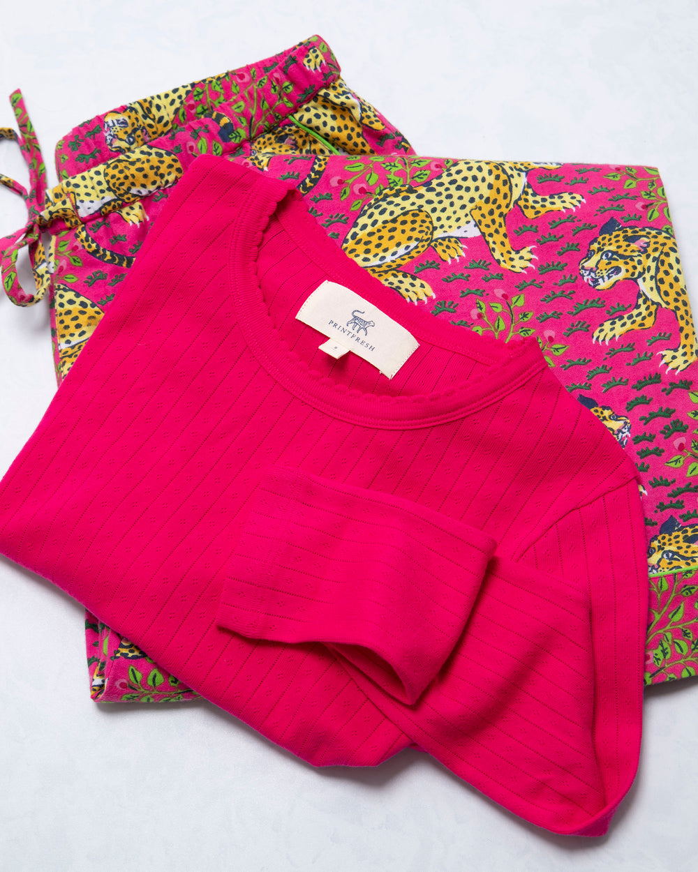 Bagheera - Pointelle Long Sleeve & Lightweight Flannel PJ Pants Set - Hot Pink - Printfresh