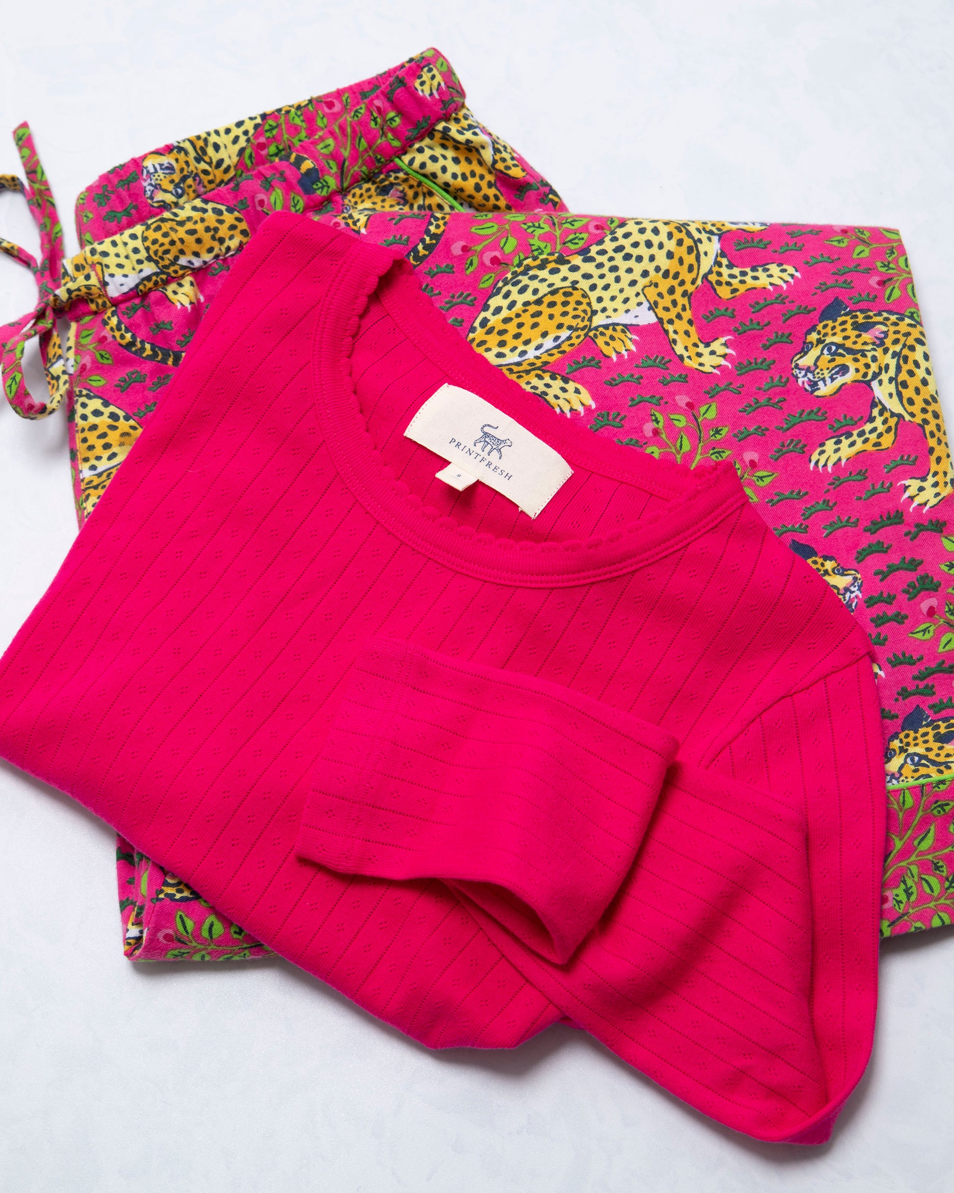 Bagheera - Pointelle Long Sleeve & Lightweight Flannel PJ Pants Set - Hot Pink - Printfresh
