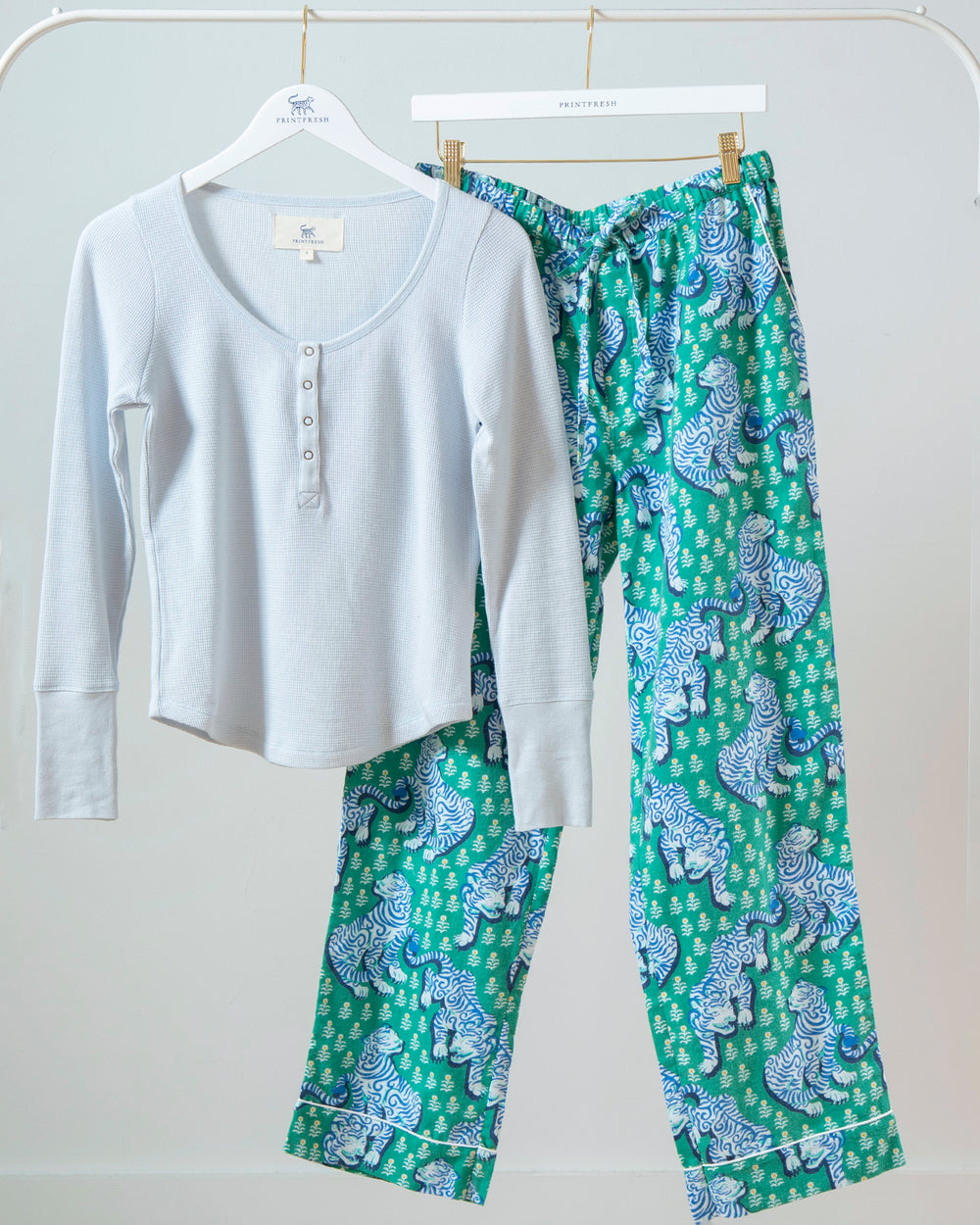 Tiger Queen - Cozy Henley & Lightweight Flannel PJ Pants Set - Jade - Printfresh