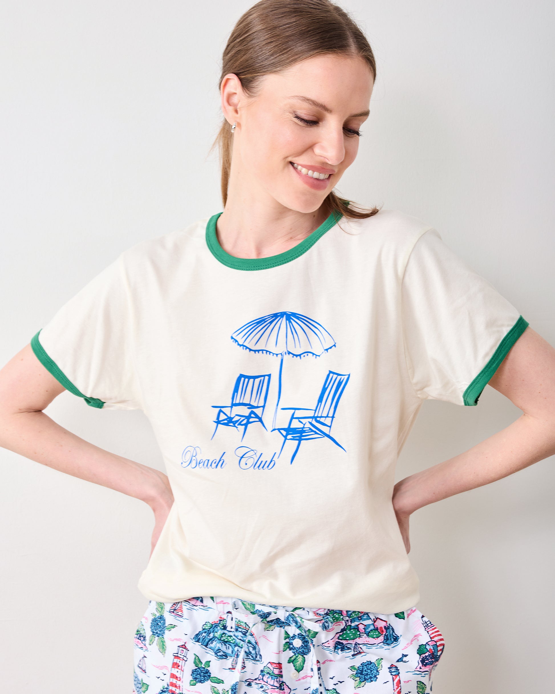 Natural/Green - Beach Club Ringer Graphic Tee - Oat Collective - Printfresh