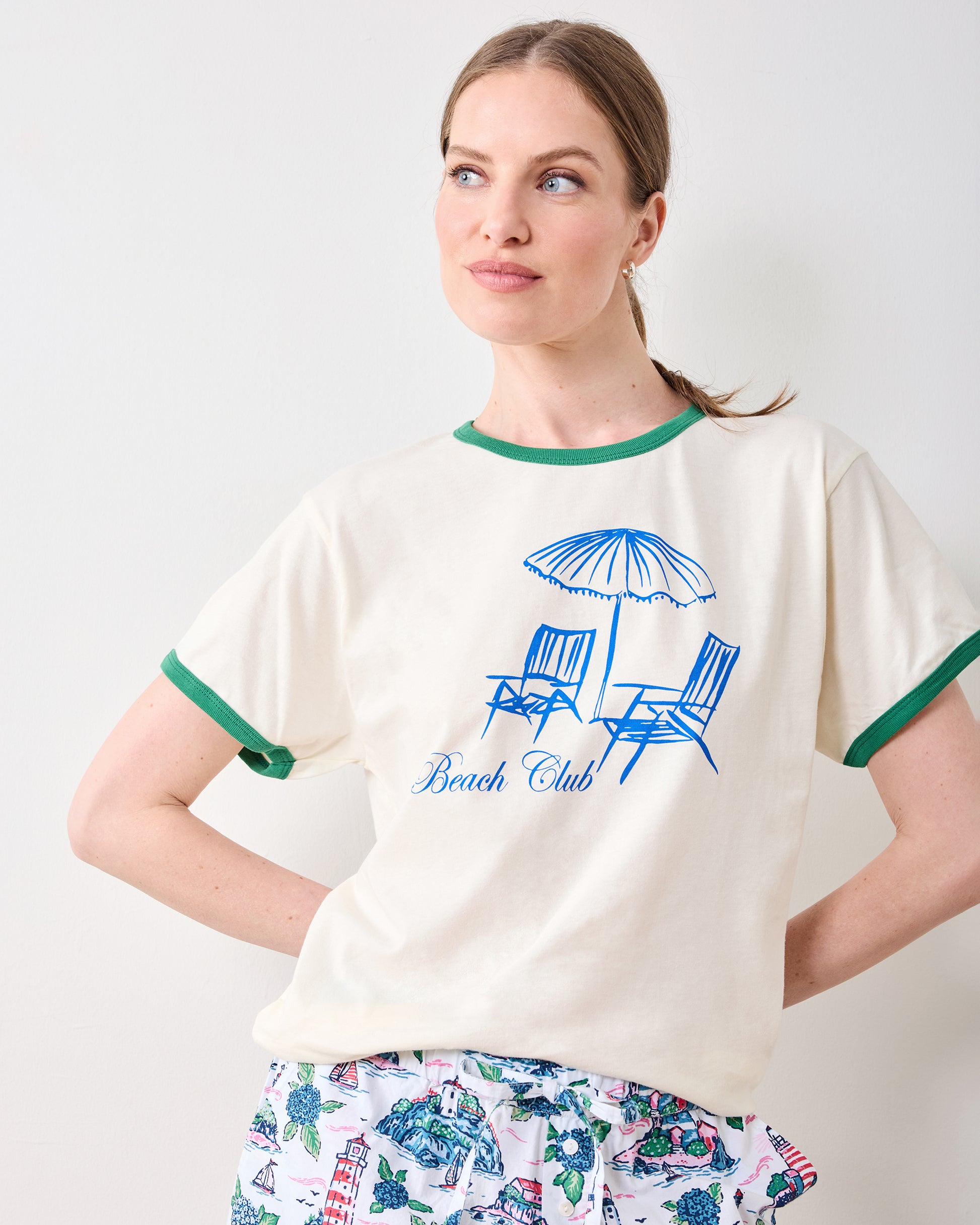 Natural/Green - Beach Club Ringer Graphic Tee - Oat Collective - Printfresh