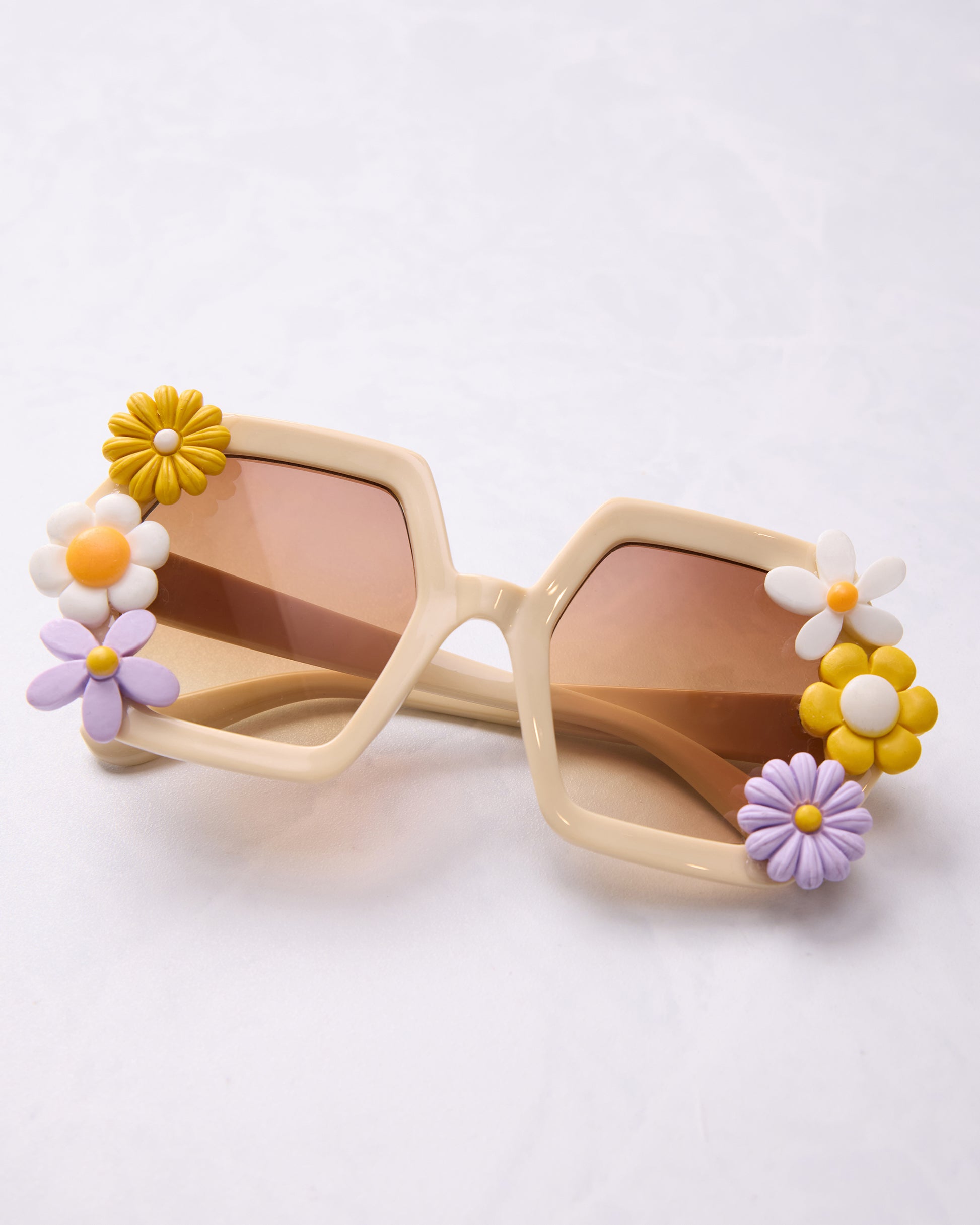 White - Flower Power Women's Retro Sunglasses - Glitter Biscuits - Printfresh