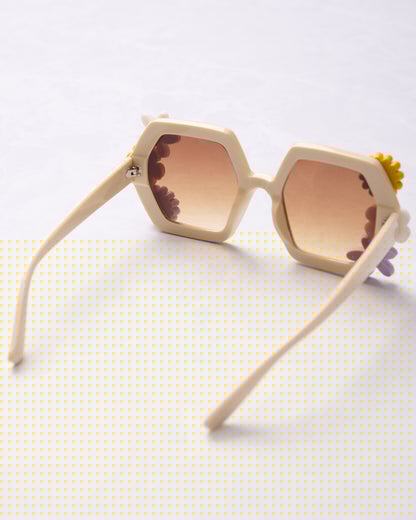 White - Flower Power Women's Retro Sunglasses - Glitter Biscuits - Printfresh
