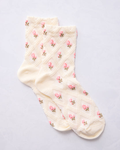Cream Pink - Floral Casual Socks - Tiepology - Printfresh