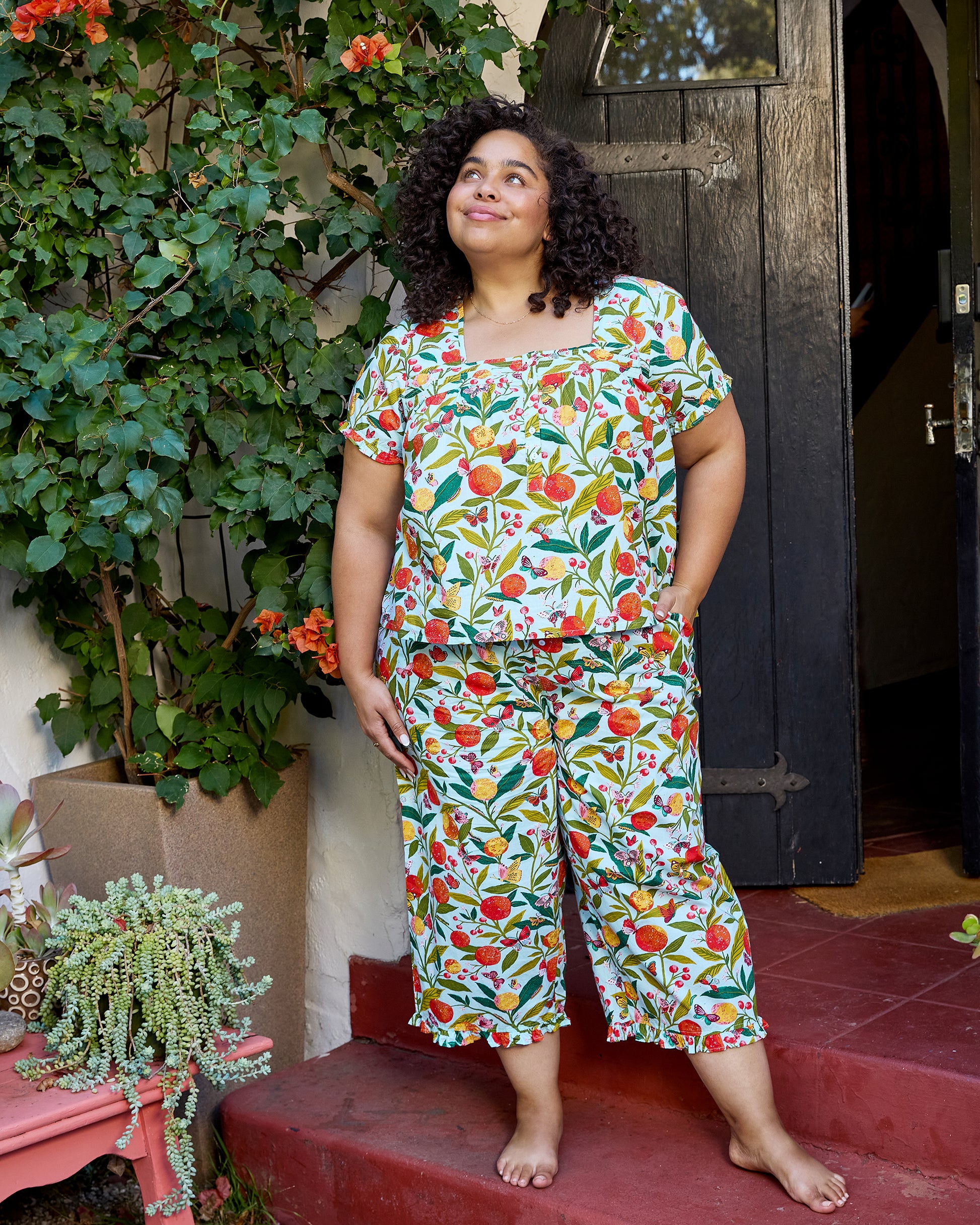 Butterfly Grove - Pintuck Cropped Pant Set - Soft Blue - Printfresh