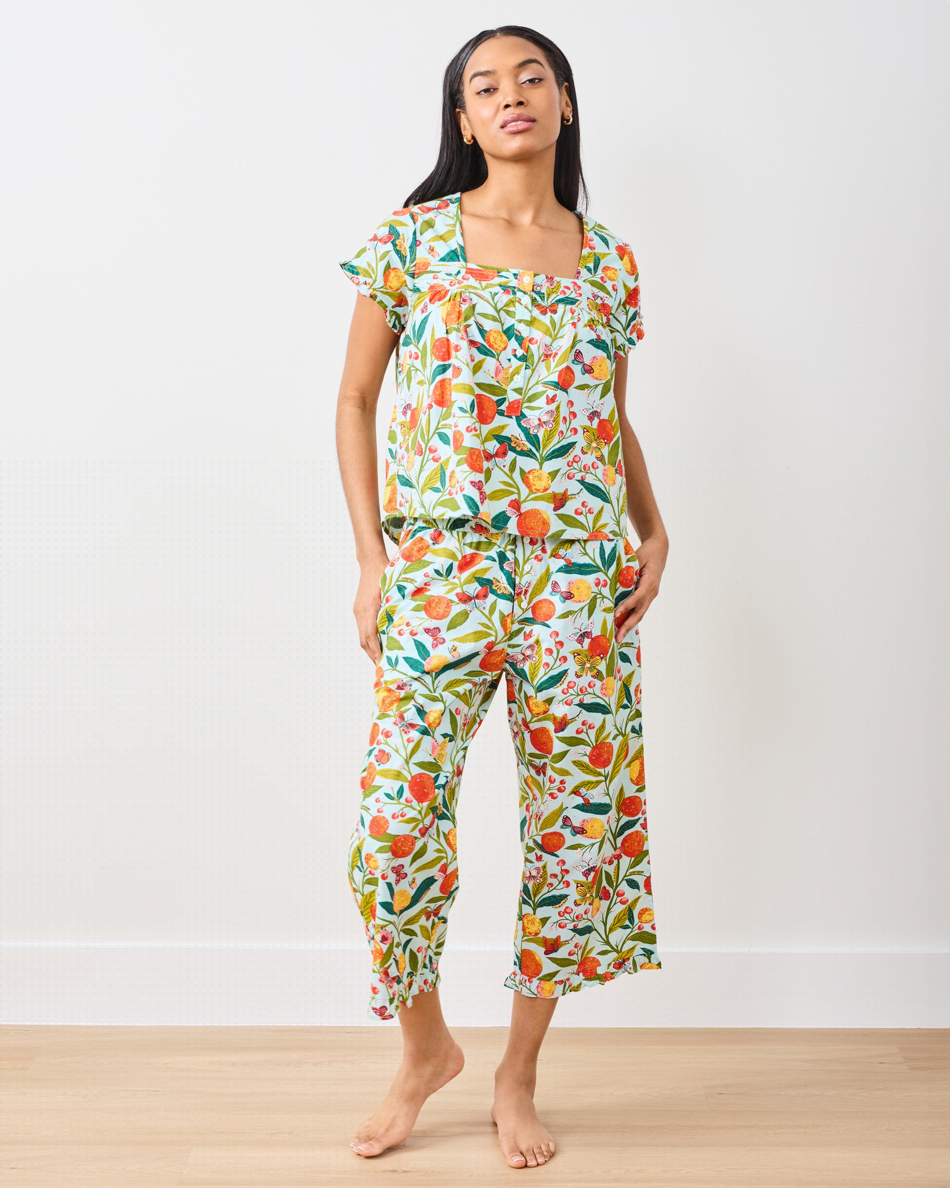 Butterfly Grove - Pintuck Cropped Pant Set - Soft Blue - Printfresh