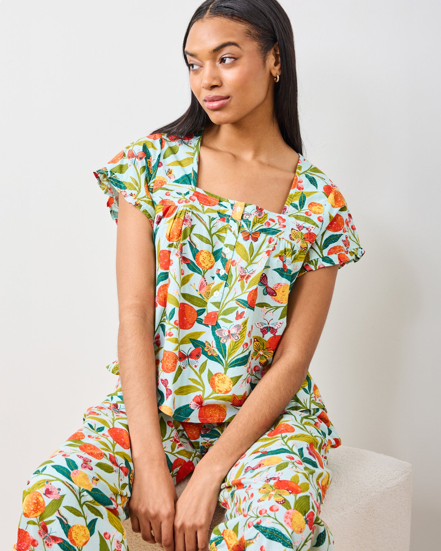 Butterfly Grove - Pintuck Cropped Pant Set - Soft Blue - Printfresh