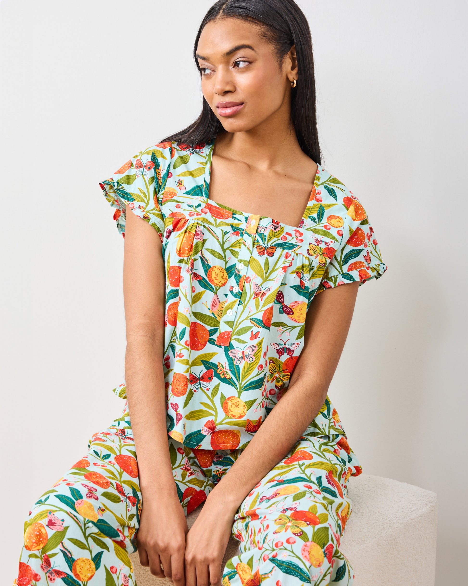 Butterfly Grove - Pintuck Cropped Pant Set - Soft Blue - Printfresh