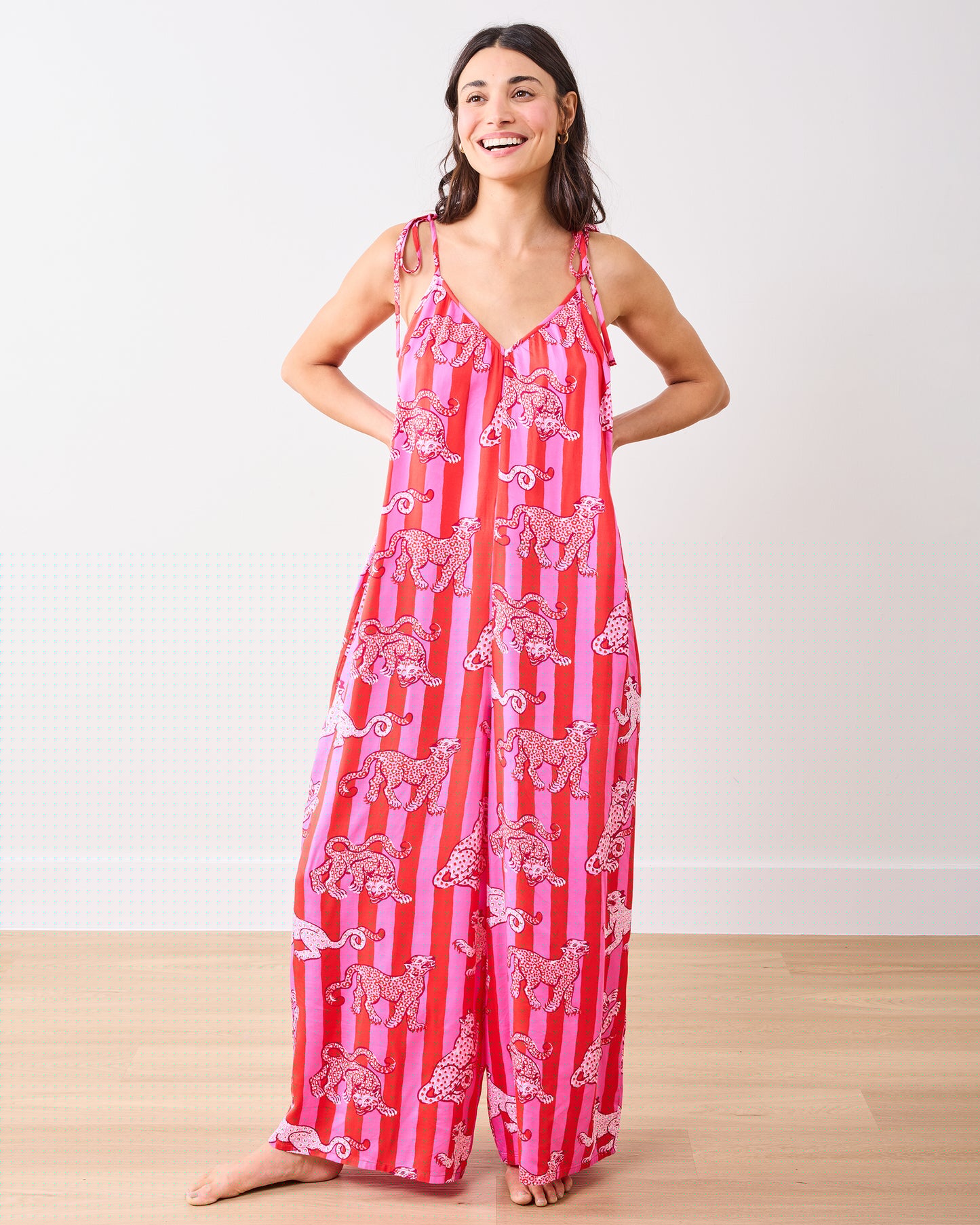 Leopard Stripes - Eco Satin Jaipur Jumpsuit - Pink Cabana - Printfresh