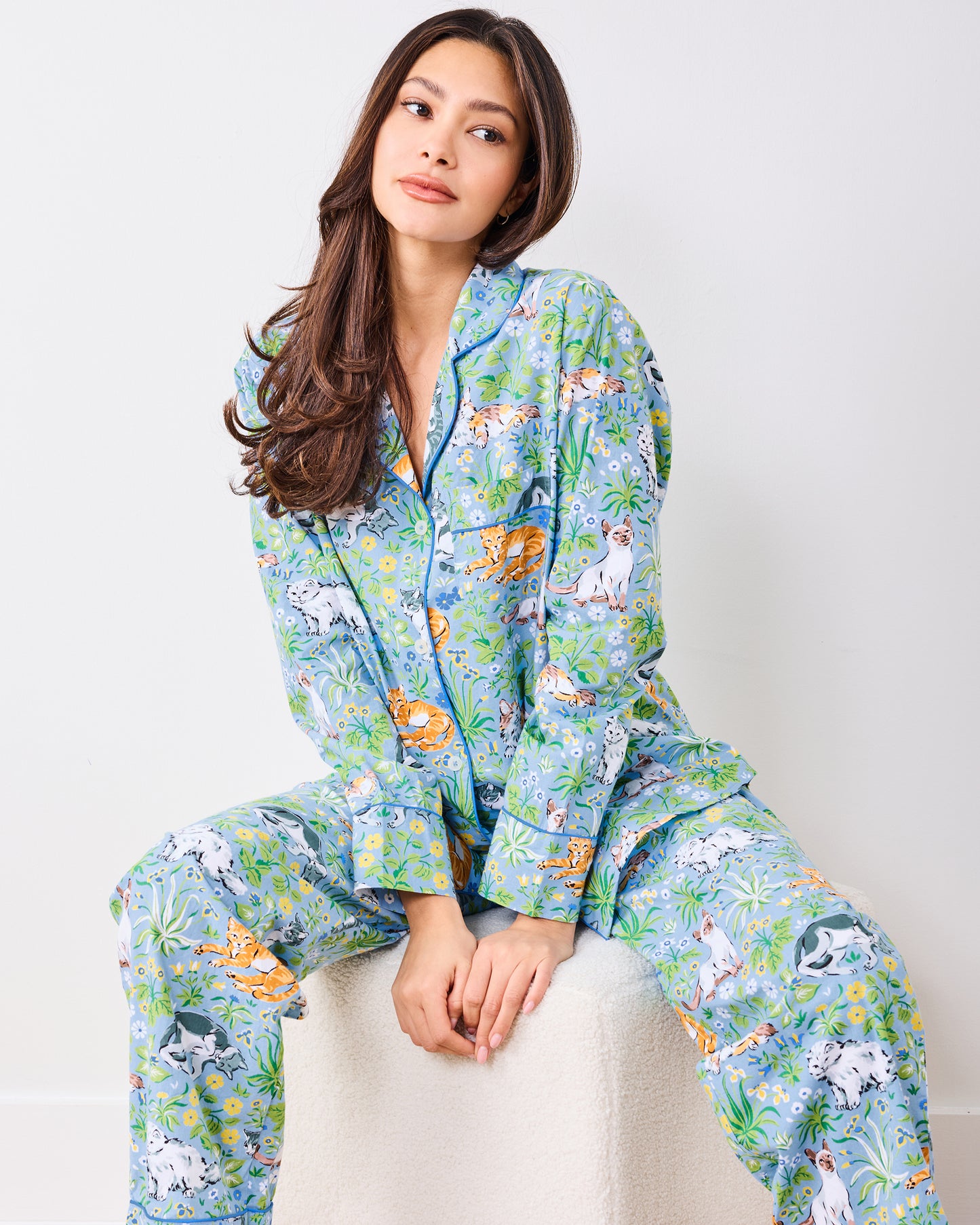 Must Love Cats - Long PJ Set  - Cornflower