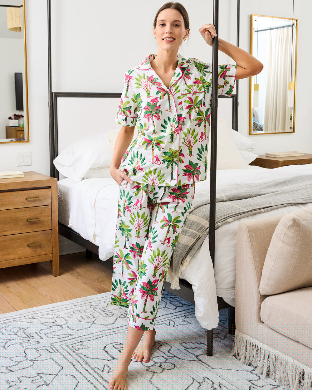 Royal Palms - Short Sleeve Top & Cropped Pants Set - Pink Basil - Printfresh