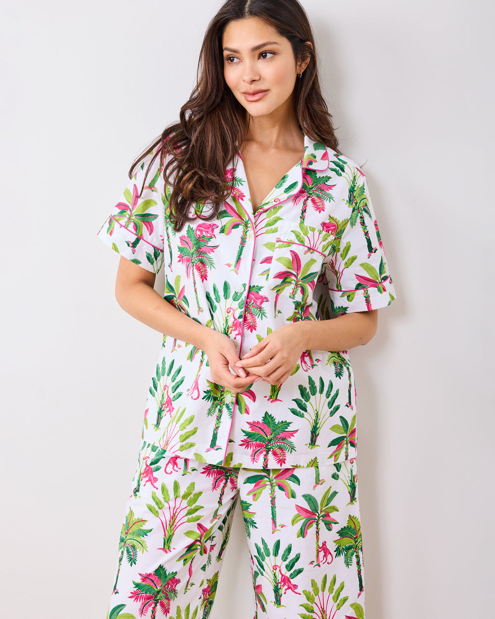 Royal Palms - Short Sleeve Top & Cropped Pants Set - Pink Basil - Printfresh