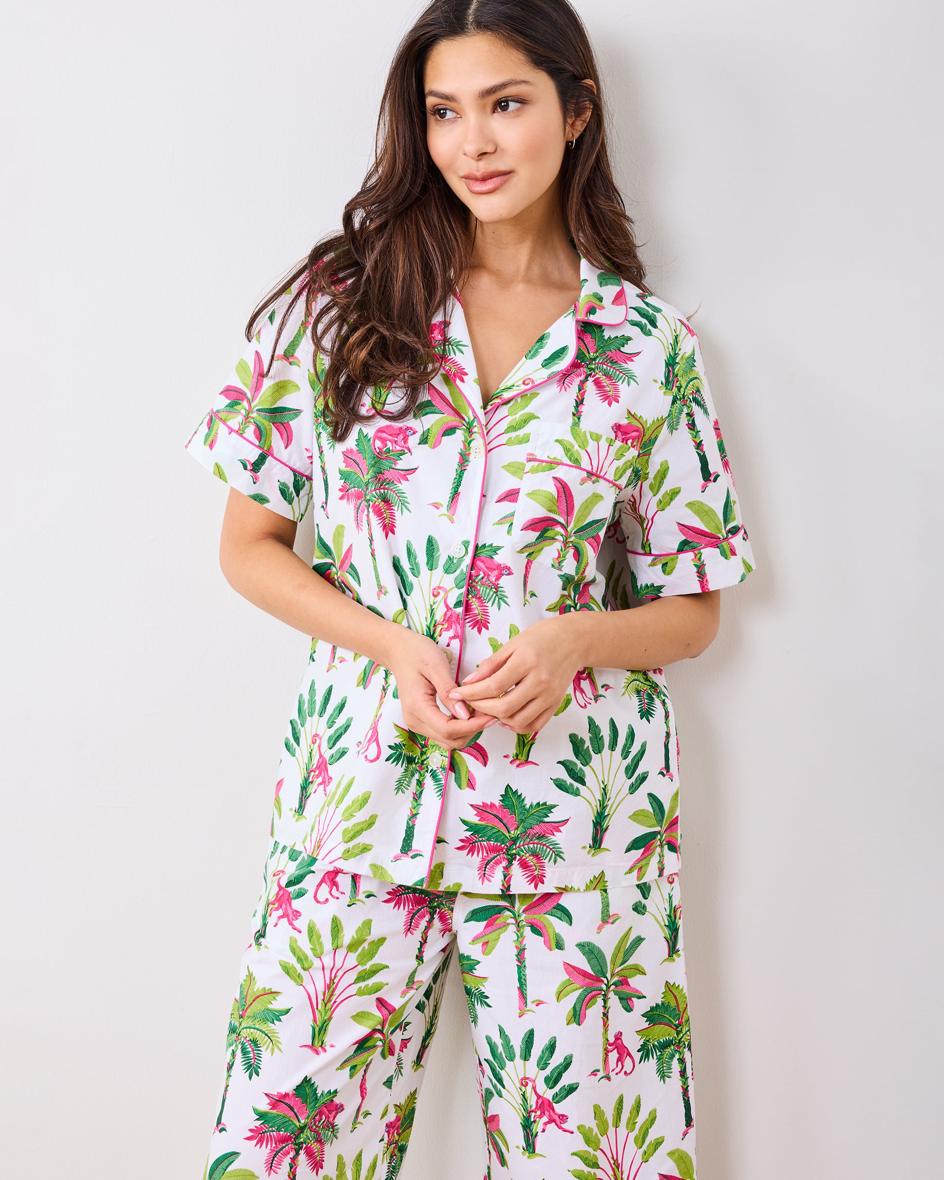 Royal Palms - Short Sleeve Top & Cropped Pants Set - Pink Basil - Printfresh