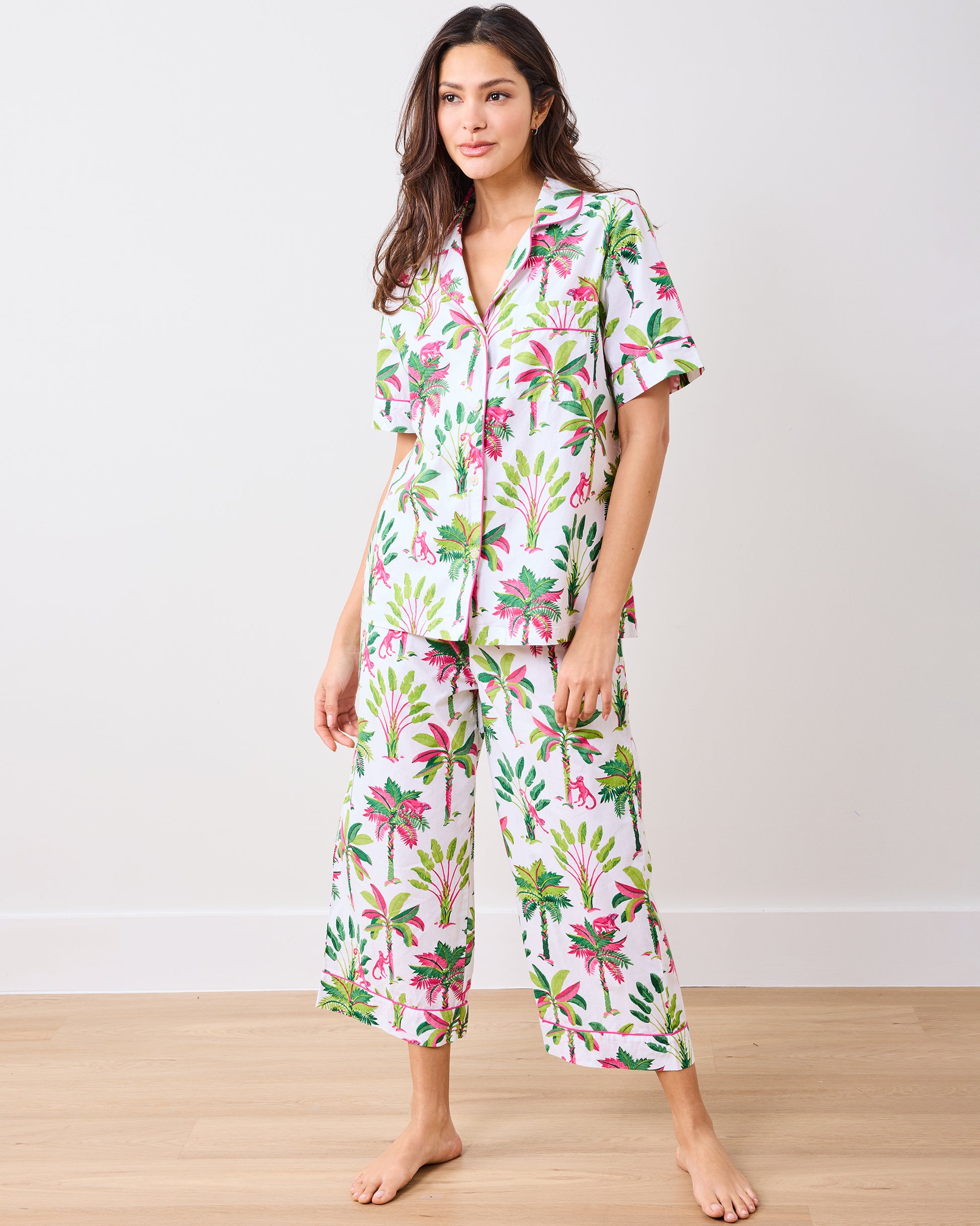 Royal Palms - Short Sleeve Top & Cropped Pants Set - Pink Basil - Printfresh