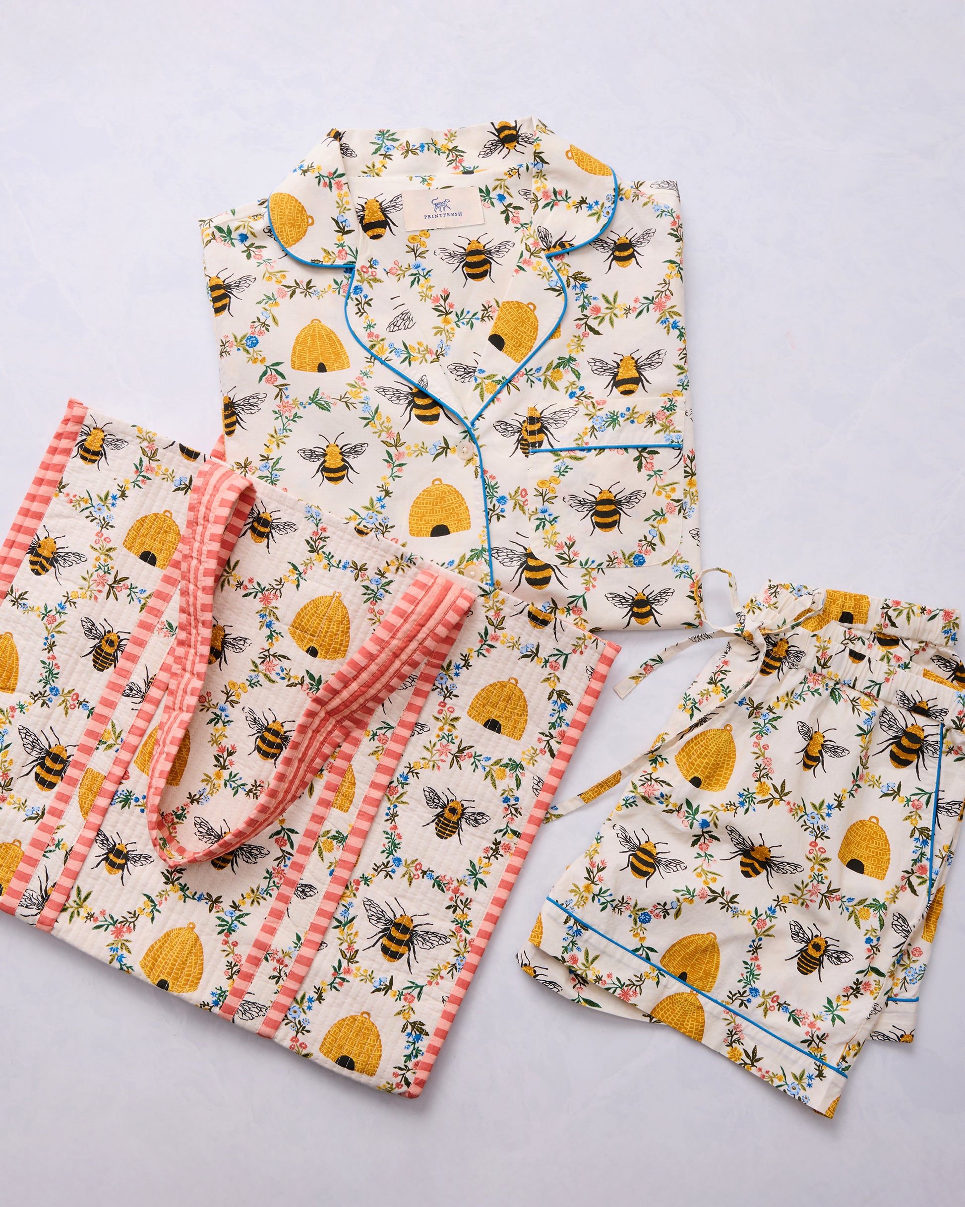 Sweet Bee And Butterfly Groove - Short PJ Set Bundle- Cream & Soft Blue - Printfresh