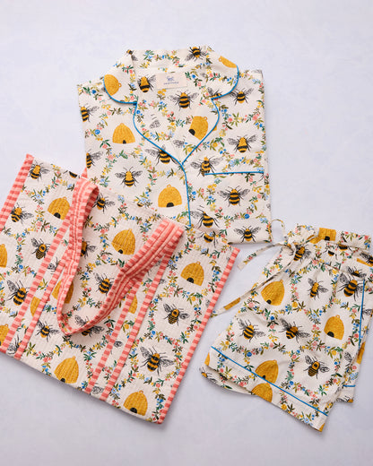 Sweet Bee And Butterfly Groove - Short PJ Set Bundle- Cream & Soft Blue - Printfresh