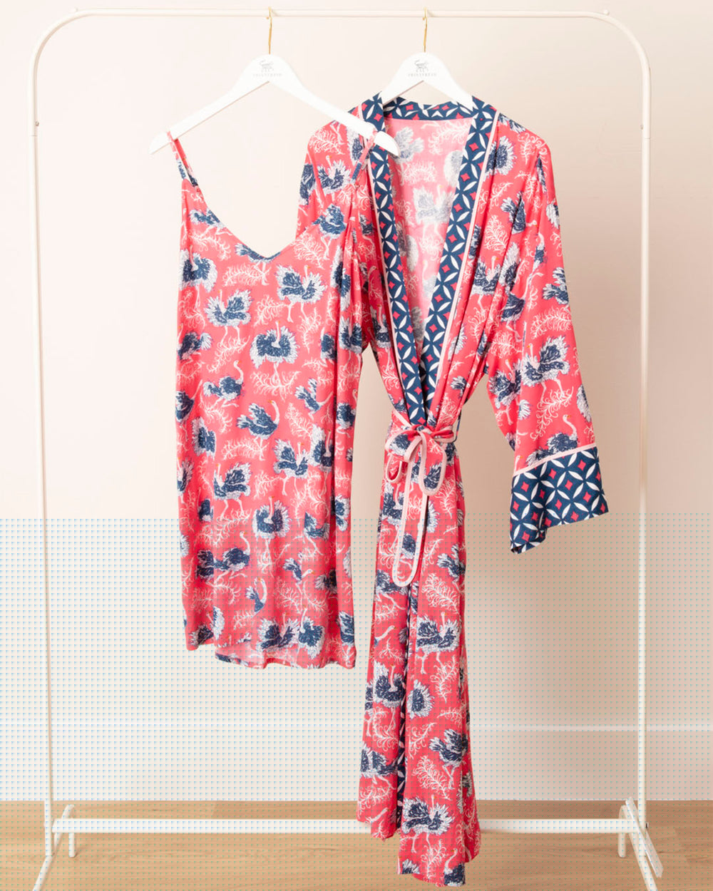 Ostrich Dance - Eco Satin Robe & Chic To Sleep Shortie - Fancy Pink - Printfresh