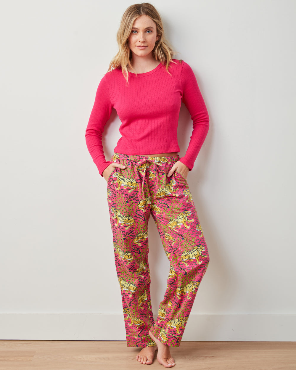 Bagheera - Pointelle Long Sleeve & Lightweight Flannel PJ Pants Set - Hot Pink - Printfresh